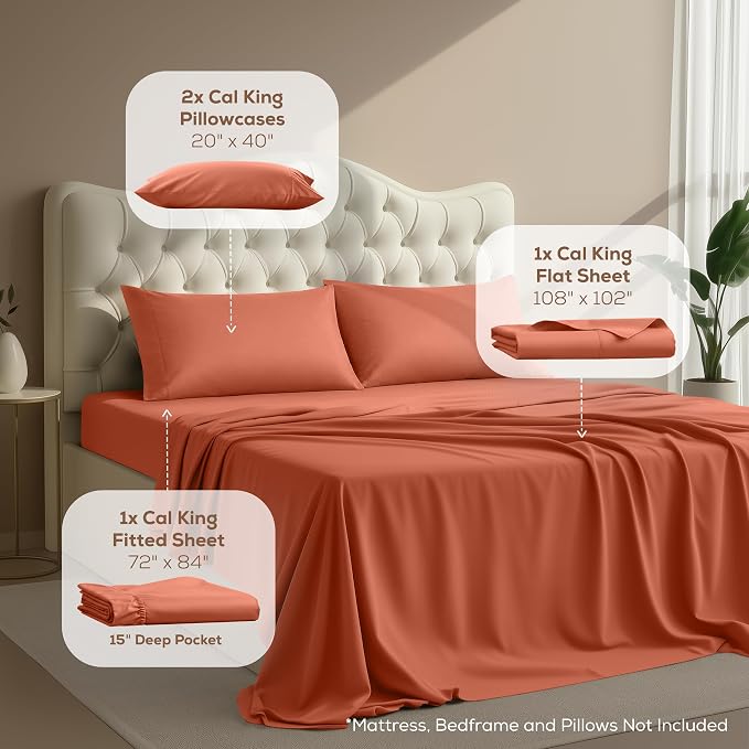 California King Sheets Set, 4 Pieces 16" Deep Pocket Bed Sheets, Orange | Extra Soft Bedsheet Set, Comfy & Breathable Cooling Sheets, Wrinkle & Fade Resistant, Fitted Sheet, Flat Sheet, 2 Pillowcases