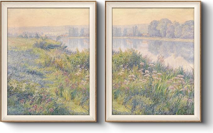 VIYYIEA Framed Landscape Large Wall Art Set of 2, Impressionist Riverbank Meadow Canvas Oil Painting, Pastoral Nature Wall Decor for Living Room Bedroom, 16x20 Inch