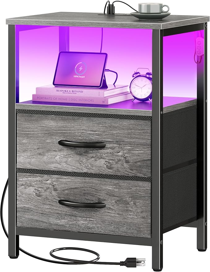 Huuger Night Stand with Charger Station and LED Lights, 2 Drawer Nightstand | Bed Side Table with Open ShelfEnd TableFabric Drawers for Bedroom, Grey