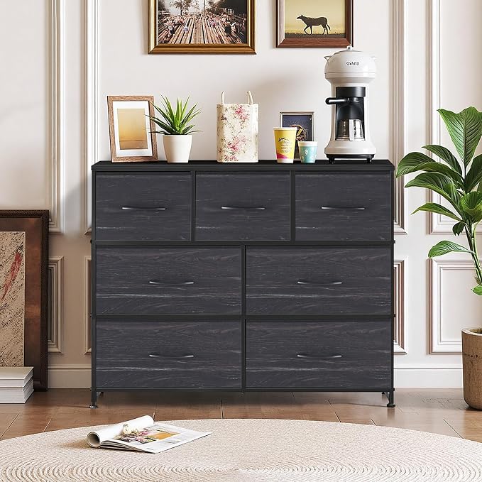 7-Drawer Dresser for Bedroom, Anti-Tip Wide Storage Organizer Fabric | Chest of Drawers TV Stand for 45" TV with Wooden Top Metal Frame for Closet, Living Room, Hallway, Entryway, Charcoal Black