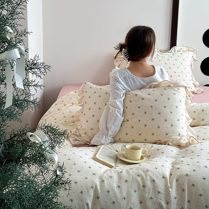 Muslin Cotton Duvet Cover Full Elegant Ruffles Duvet Covers Soft Breathable Comforter Cover Kids Adults Bedding Floral Quilted Cover, 79"x90", No Pillow/Pillow Cases