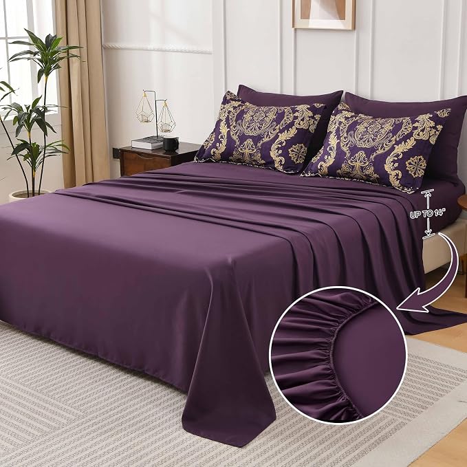 WONGS BEDDING Purple Comforter Set Queen Size,Damask Texture 7 Pieces Bed in a Bag Microfiber Comforter Bedding Sets -1 Comforter, 1 Flat Sheet, 1 Fitted Sheet, 2 Pillow Shams, 2 Pillowcases