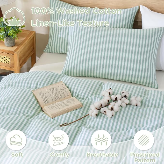 TOCOMOA Sage Green Striped Duvet Cover Set Washed Cotton Like Linen, Queen | 100% Washed Cotton Linen-Like Feel Soft, Breathable & Comfy. Lightweight Bedding Set with Zipper & 8 Ties. 3 Pcs, No Insert