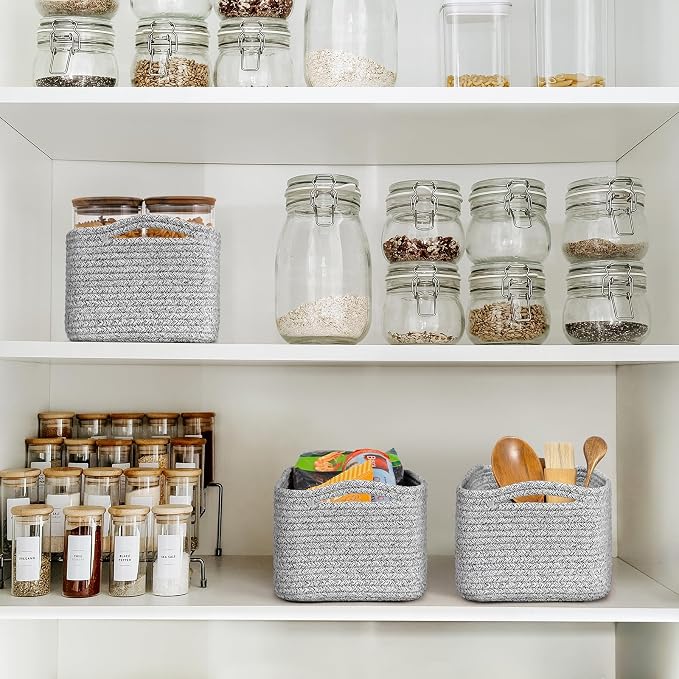 Goodpick 3-Pack Woven Storage Baskets for Closet,13 x 8 x 5 in | Woven Baskets for Closet Fit Bedroom Lving Room, Large Baskets for Gift Empty, Dog Toy Basket for Pets, White & Gray