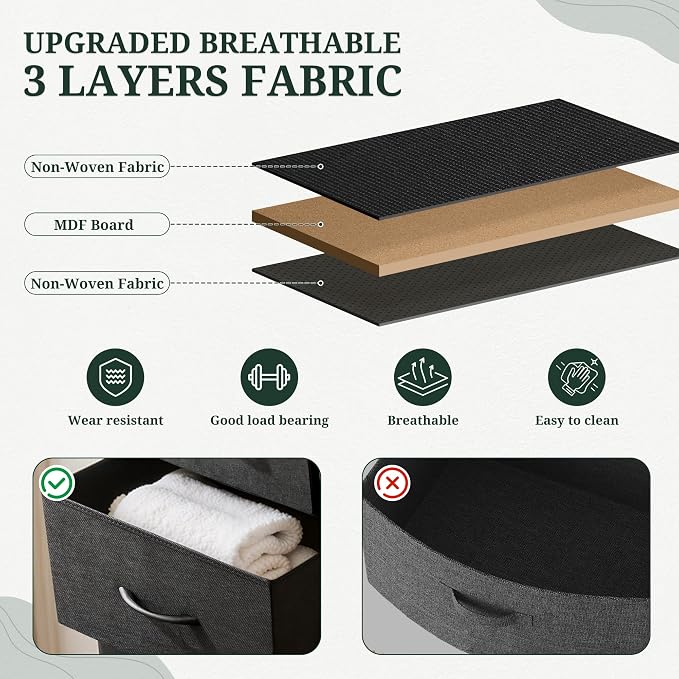 8-Drawer Dresser for Bedroom, Upgraded Anti-Tip Tall Storage Organizer | Chest of Drawers with Wooden Top and Metal Frame Fabric Bins for Closet, Living Room, Hallway, Entryway, Soft Black