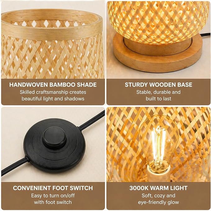Boho Style Bamboo Woven Floor Lamp for Living Room,36 in,Cozy Decor | Handcrafted Wicker Shade,Unique Shadow Pattern,No Assembly Required,3000K Warm Ambient Lighting,Suit for Bedroom Corner