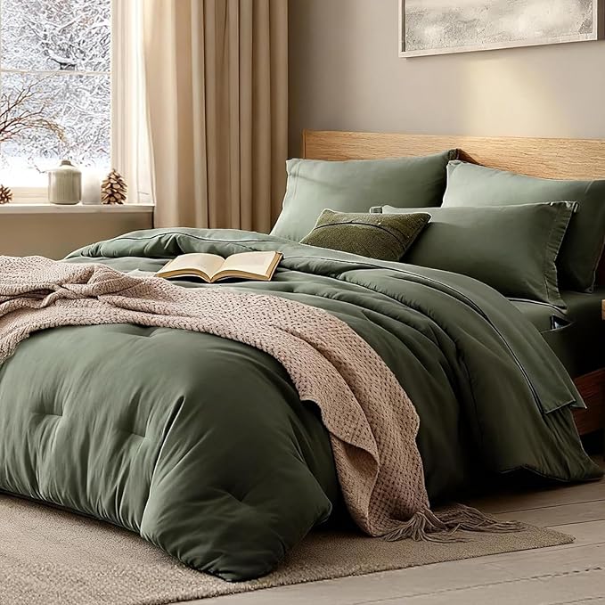 Oversized King Size Comforter Set- 7 Pieces Bed in a Bag King Bedding Sets | Prewashed All Season Comforter with Sheets, Pillow Shams & Pillowcases,Olive Green