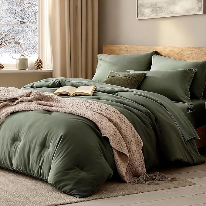 California King Size Comforter Set- 7 Pieces Bed in a Bag King Bedding Sets | Prewashed All Season Comforter with Sheets, Pillow Shams & Pillowcases,Olive Green