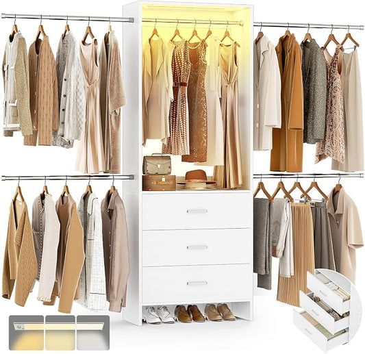 Aheaplus Closet System with Motion-Sensing Light, 3 Wooden Drawers and 4 Hanging Rods, Customizable Walk-in Closet Organizer with 3CCT LED, Wall mounted Garment Rack for Bedroom, White