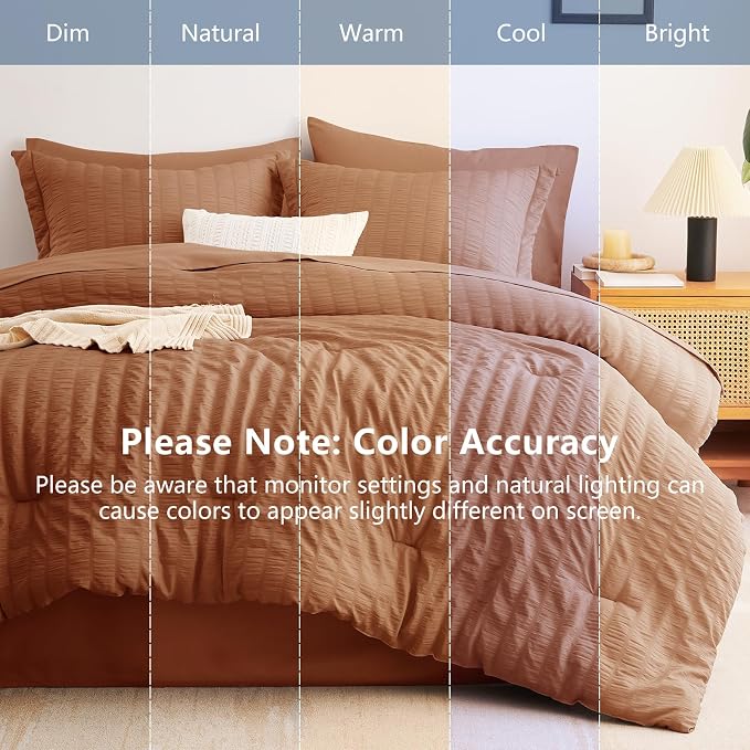 Queen Comforter Set, 7 Pieces Pumpkin Seersucker Bed in a Bag | OEKO-TEX Certified, All Season Bedding Set with 240 GSM Down Alternative Comforter, Flat & Fitted Sheets, Pillowcases & Shams