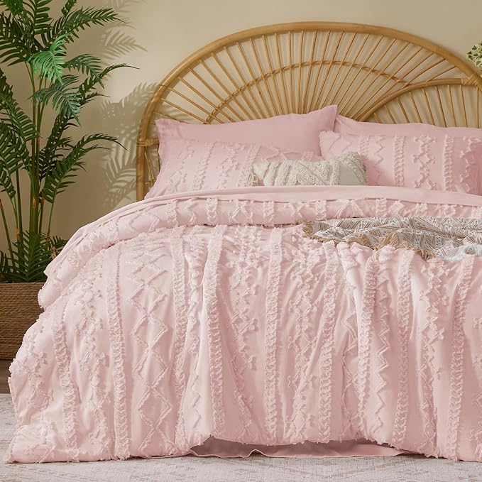 BEDELITE King Comforter Set 7 Pieces,Boho Bed in a Bag,Pink | Tufted Bed Set for All Seasons,Soft Farmhouse-Style Embroidery Bedding,Includes Flat & Fitted Sheets,2 Pillowcases & 2 Shams