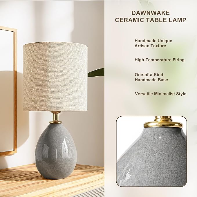 18.5" Ceramic Table Lamps Set of 2 for Living Room Bedroom, Grey | Bedside Lamps for Bedroom Nightstand, Ice Crackle Home Bedroom Living Room Decor, Linen Fabric Shade, 3-Color Temperature