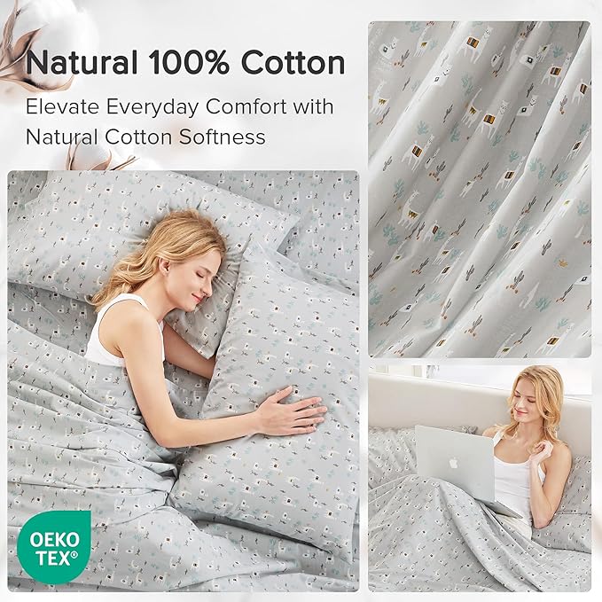 Comfort Spaces 100% Cotton Percale Sheets King Sheet Set 4 Pcs, Lama Multi | Crisp, Cool & Breathable Bed Sheets, 14" Deep Pocket Fits Up to 16" Mattress, Lightweight, All Season Cozy, with Pillow Case