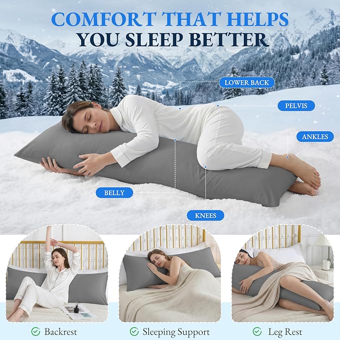 ELNIDO QUEEN Cooling Body Pillow Insert with Cover – Breathable Long Body Pillow for Side Sleepers, Soft Support Bed Pillow for Adults, 20x54 Inches Grey