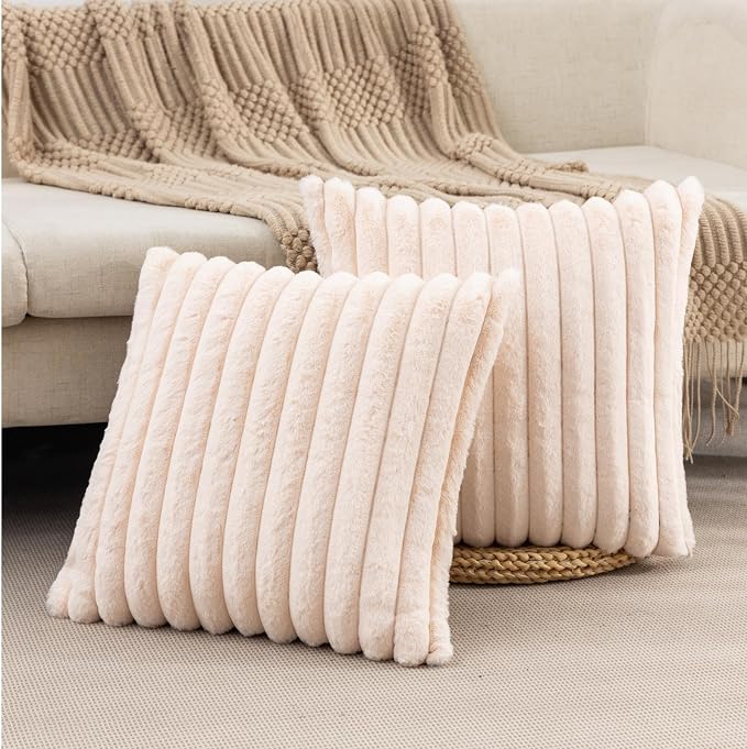 ZLINA Beige Striped Faux Fur Throw Pillow Covers 24 x24 Inch | 2‑Pack, boho striped pillow covers,velvet back,fuzzy plush cushion covers , for sofa bed livingroom home decor