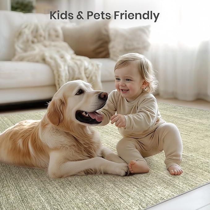 6x9 Area Rugs Non Slip, Large Washable Rugs for Living Room, Green | Soft Low Pile, Thin & Lighweight Carpet, Folable Stain Resistant Modern Indoor Floor Mat for Bedroom, Dining Room, Home Decor