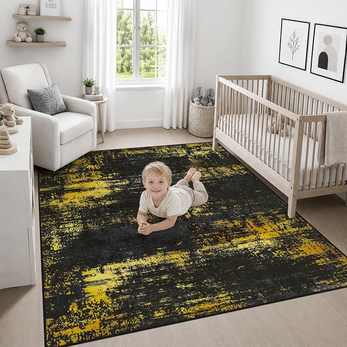 Area Rug Living Room: 4x4 Modern Washable Soft Carpet Black Gold | For Bedroom Dining Room Farmhouse Nursery Hallway Office,Modern Abstract,Machine washable,Non-Slip,Stain Resistant,Indoor
