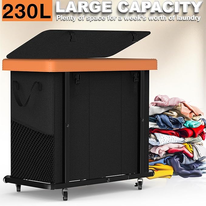 Laundry Basket with Wheels, 230L Leather Patchwork Laundry Sorter 3 Section | Sturdy Metal Frame, Removable Washable Bag, Tall Clothes Sorter for Bedroom - Black
