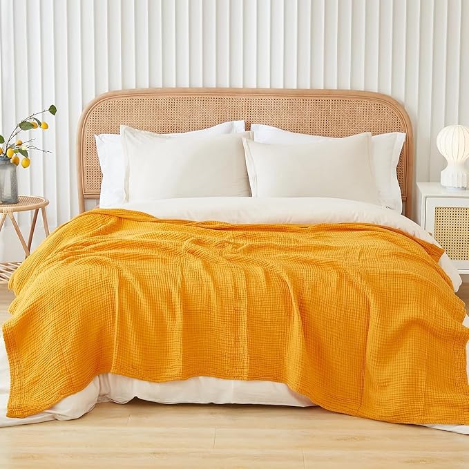 EMME Muslin Blankets for Adults Throw Blanket for Couch Breathable Gauze Soft Lightweight Airy Mustard Yellow Queen 90" x 90"
