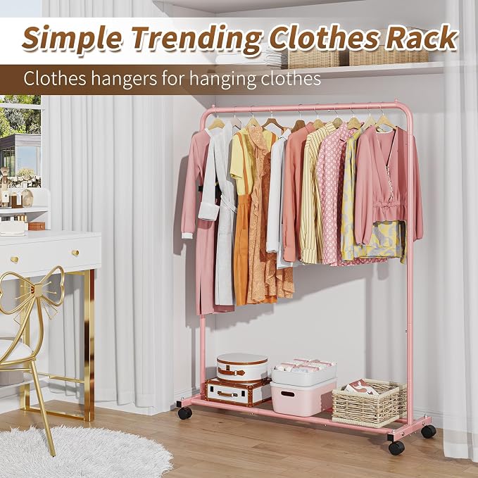 Simple Trending Clothes Clothing Garment Rack, Clothes Organizer, Pink | Storage Shelves, 360° Lockable Wheels, Anti-Slip Stoppers, Bedroom, Laundry Room
