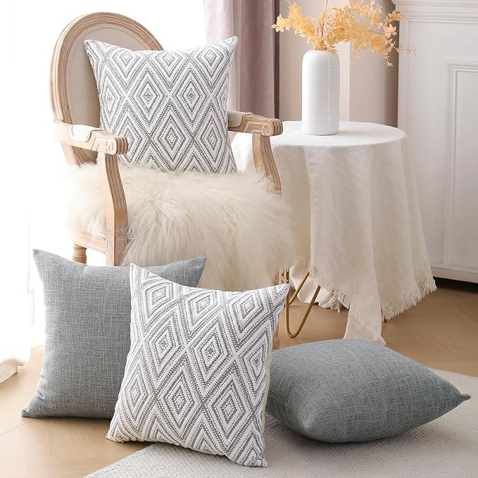 HPUK Throw Pillow Covers 20x20, Set of 4, Grey Textured Couch Pillow Covers | Polyester fabric, patterned and solid designs, hidden zippers, machine washable, for sofas and beds, inserts not included