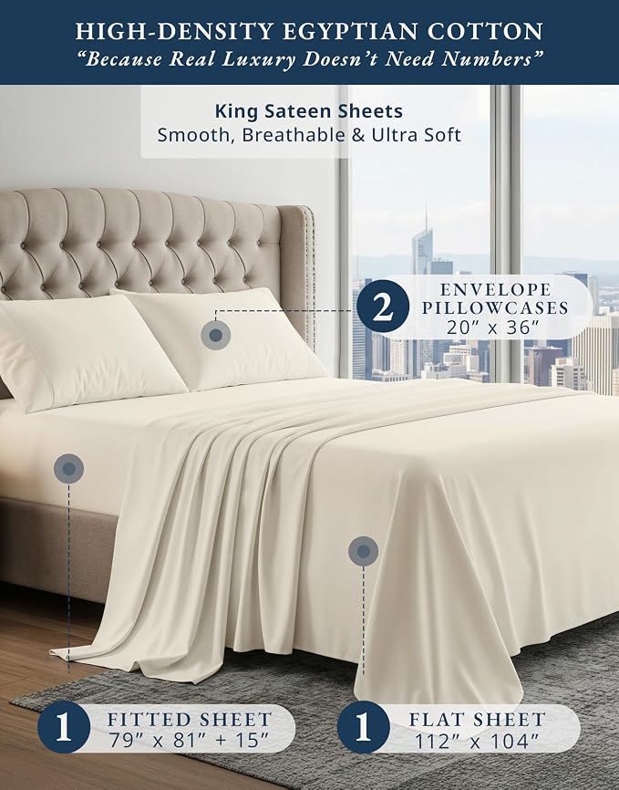 LANE LINEN Cooling Sheets King Size 100% Egyptian Cotton Sateen - Ivory | King Size Sheets - 4-Piece Set, For Guests And Everyday Use, For A Silky Hotel-Style Bed, Buttery-Soft Silky Sateen