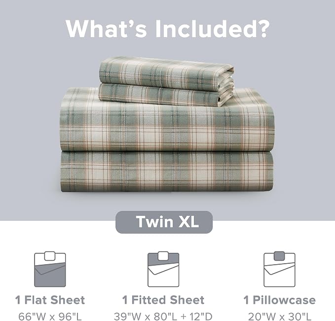 Comfort Spaces 100% Cotton Percale Sheets Twin XL Size 3 Pcs, Wesley Green | Crisp, Cool & Breathable Bed Sheets, 12" Deep Pocket Fits Up to 14" Mattress, Lightweight, All Season Cozy, with Pillow Case