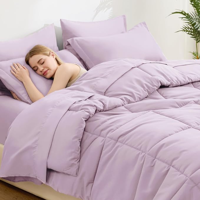Love's cabin Twin XL Comforter Set Light Purple, 5 Pieces Twin XL Bed in a Bag, All Season Bedding Sets with 1 Comforter, 1 Flat Sheet, 1 Fitted Sheet, 1 Pillowcase and 1 Pillow Sham