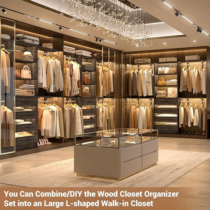 Aheaplus Closet System with 4 Drawers, 8FT Wood Closet Organizer System | 96" Closets Built In System Tower with Shelves & 4 Rods, Walk-in Closets Wardrobe Clothes Rack, Fits Spaces 4-9 ft, Black Oak