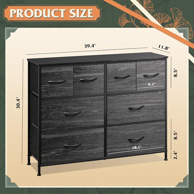 WLIVE Wide Dresser for Bedroom, 8 Drawer Chest of Drawers, Black Wood Grain | 8 roomy fabric drawers, Wide storage design, Bedroom or closet use, Sturdy steel frame, Smooth wood tabletop