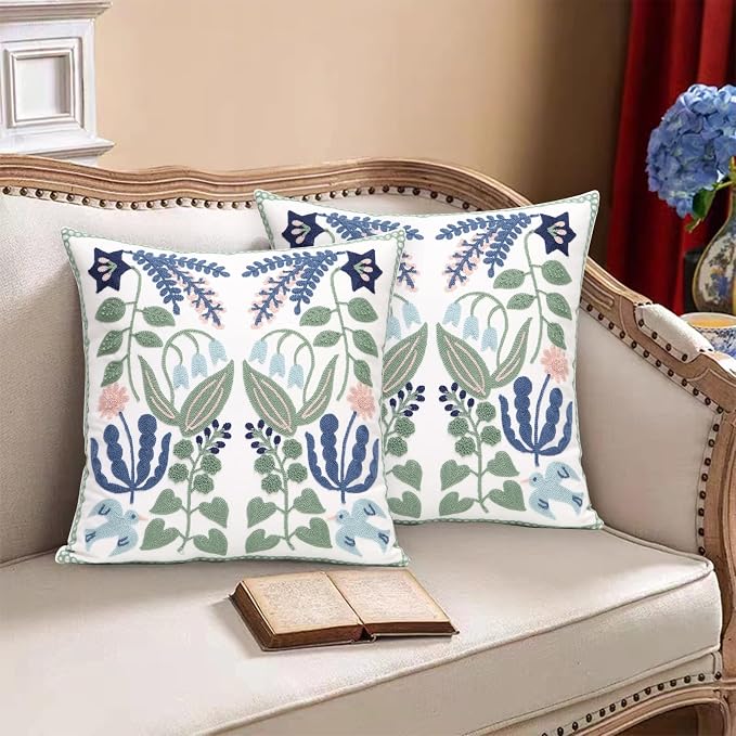 Pack of 2 Embroidered Decorative Throw Pillow Cover 18x18 Inch Farmhouse Floral Pillowcase for Living Room Sofa Bed (Bird Flower)