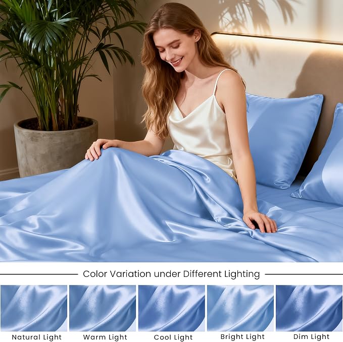 Love's cabin Satin Queen Sheets Set - 4 Piece Sky Blue Silky Bed Sheets with Deep Pocket, Luxury Silk Feel Satin Queen Size Sheet Set (1 Flat Sheet,1 Fitted Sheet,2 Pillow Cases)