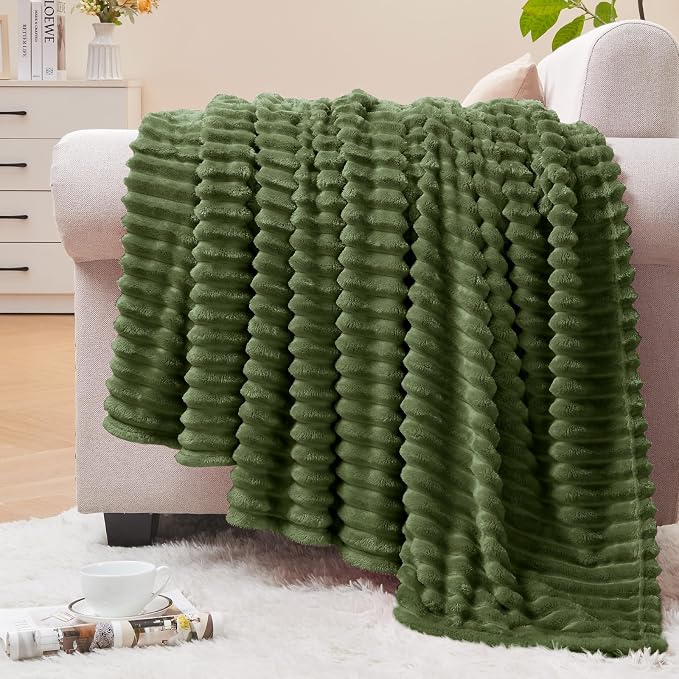 BEDELITE Ribbed Moss Olive Green Fleece Throw Blanket for Couch, 50x60 Inch | Soft Warm Decorative Fluffy Blanket, Cozy Plush Lightweight Fuzzy Throw Blanket for Bed Sofa Home Room Decor, Gift for Women