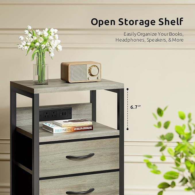 Lazzanto Night Stand with Charger Station, 4 Fabric Drawers, Grey | Nightstand, Bedside Table, Open Shelf, Built in USB-A, USB-C Port & AC Outlets, For Bedroom, Dorm, Living Room