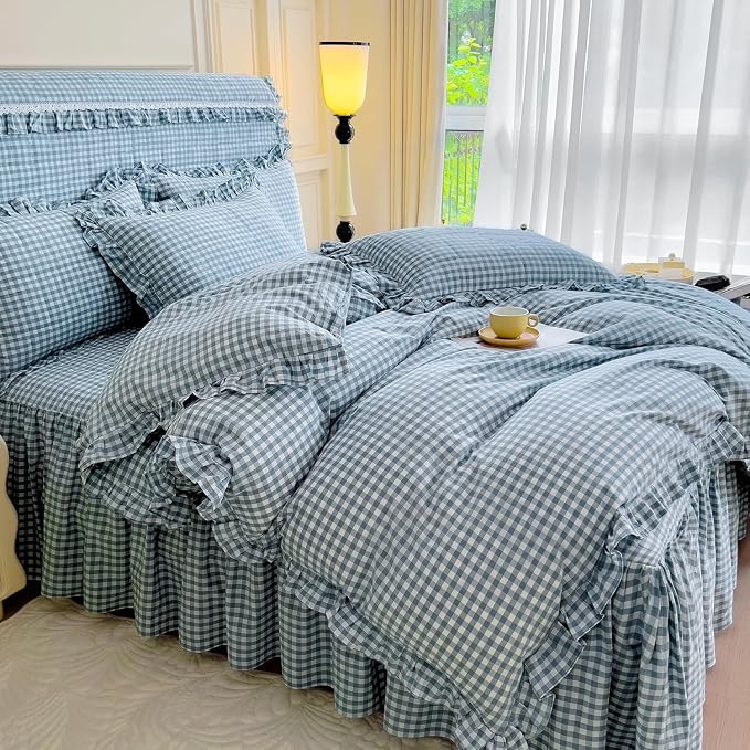LifeTB Blue Gingham Comforter Set King 3 Pieces Ruffle Plaid Checkered Pattern Comforter Chic Gingham Bedding Set Fluffy Soft Grid Plaid Bedding Comforter Farmhouse Checkered Comforter Set King