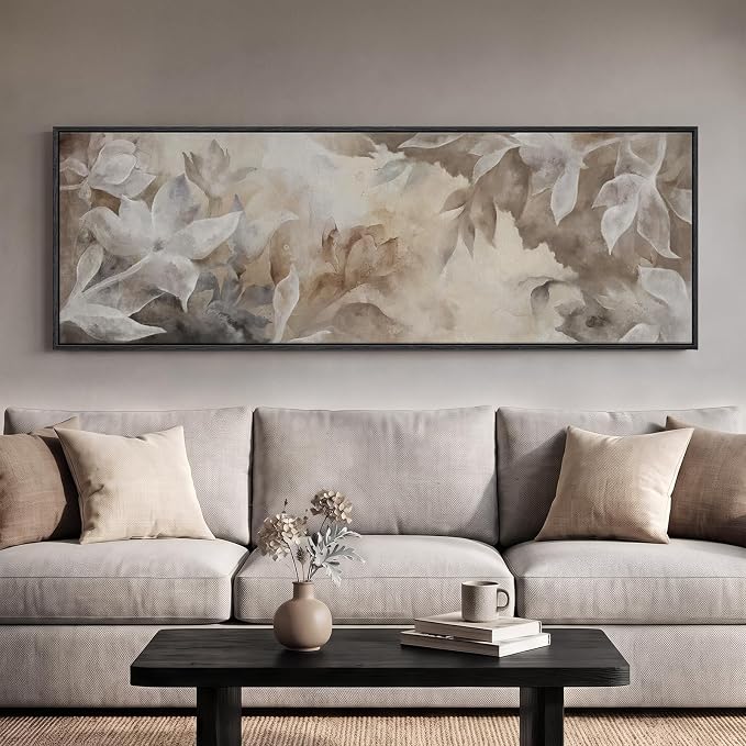 Large Framed Brown Beige Floral Abstract Wall Art for Living Room, 60x20 In | Magnolia pictures, Long horizontal artwork, Canvas print, Wood frame, Watercolor painting, Wall decor for bedroom dining room