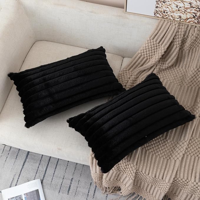ZLINA Black Striped Faux Fur Throw Pillow Covers 12 x 20 Inch | 2‑Pack, boho striped pillow covers,velvet back,fuzzy plush cushion covers , for sofa bed livingroom home decor