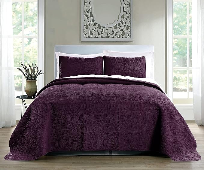 Quilt Set King/Cal King/California King Size Purple - Oversized Bedspread - Soft Microfiber Lightweight Coverlet for All Season - 3 Piece Includes 1 Quilt and 2 Shams, Geometric Pattern