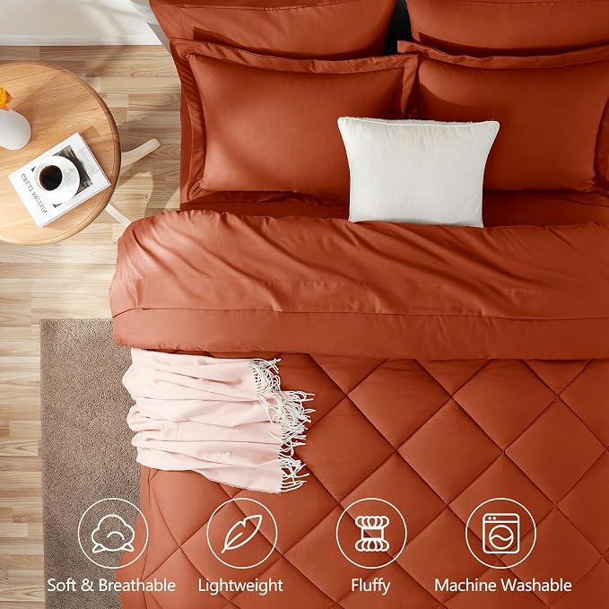King Size Comforter Set Burnt Orange - 7 Pieces Bed in a Bag | OEKO-TEX Certified, All Season, 240GSM Down-Alternative Comforter, Sheets, Pillowcases & Shams, 14" Deep Pocket, Easy Care