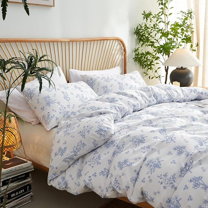 Nayoroom Blue Floral Duvet Cover Set King Spring Cottagecore Bedding | Soft Breathable Washed Microfiber, All-Season Comfort, Hidden Zipper, 4 Corner Ties, Modern Farmhouse Aesthetic Bedding