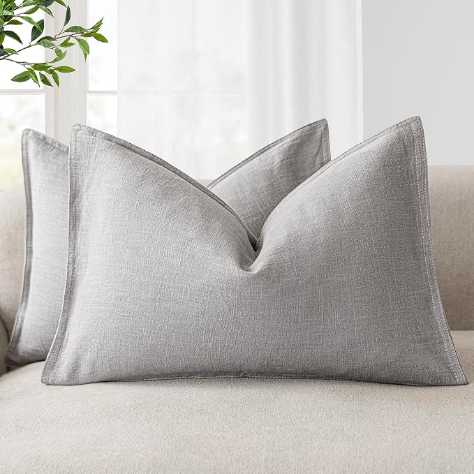 Foindtower Decorative Linen Lumbar Throw Pillow Covers 12x20 Light Gray | Pack of 2 Boho Farmhouse Pillowcase,Accent Neutral Solid Cushion Covers,Morden Home Decor for Couch Sofa Bedroom Living Room