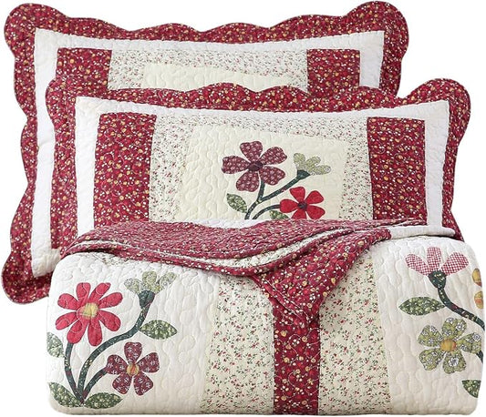 vctops Christmas Red 2 Piece Embroidered Floral Quilted Bedspread Quilt Set 100% Cotton Reversible Patchwork Coverlet Set 1 Quilt and 1 Pillow Sham (Red,Twin)