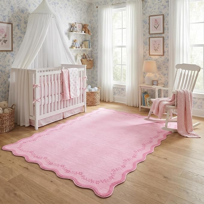 GarveeHome 5x7 Scalloped Area Rug Pink Washable Bedroom Living Room Rug | Soft Floral Low Pile Non Slip Accent Floor Mat Solid Print Throw Rug Indoor Carpet for Dining Room Dorm Playroom