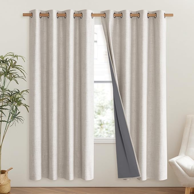 NICETOWN Brich Vintage Open Linen Weave Flax Thermal Curtains, 100% Blackout Curtains 72" Long for Dining Room, Soundproof Window Treatment Drapes for Hall Room, 52" Wide Per Panel, Set of 2
