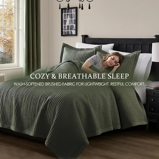 WDCOZY Olive Green Twin Size Quilt Set, Striped Pick Stitch Bedspread | Lightweight Soft Channel Coverlet, Spring Summer Thin Comforter, Farmhouse Rustic Country Bedding