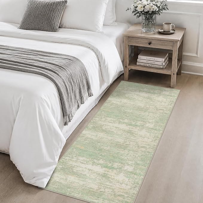 2x5 Washable Runner Rug：Modern Abstract Soft Carpet Green Cream | For Hallway, Bedroom, Kitchen, Laundry, Bathroom,Door Mat,Modern Abstract,Machine washable,Non-Slip,Stain Resistant,Indoor