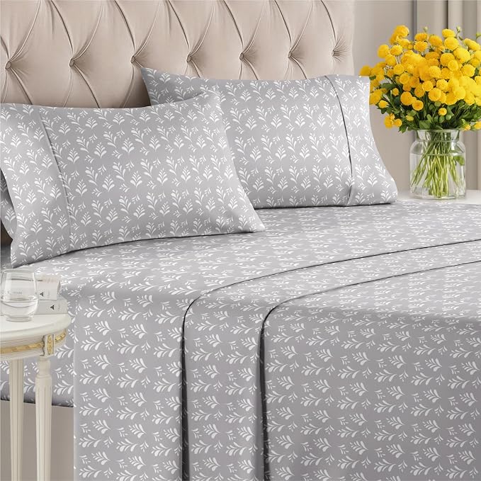 Queen 4 Piece Floral Sheet Set - Soft, Breathable & Cooling - Gray Sprig | 1 Flat, 1 Fitted & 2 Pillowcases w/ Deep Pockets, Boho Botanical Floral Bedding, Breathable & Cooling, Wrinkle & Fade Free