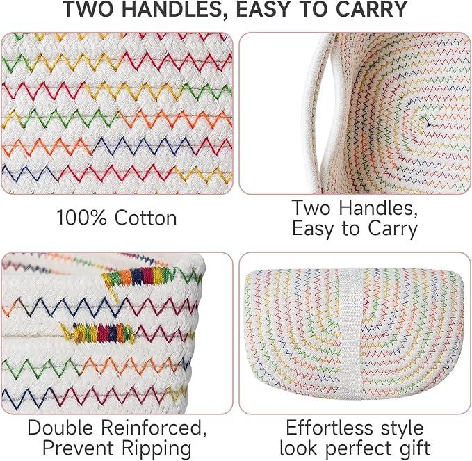 3 Pack Small Storage Baskets for Organizing, 11.8×7.8×5.1", Rainbow | Woven Baskets for shelves, Cotton Rope Basket for Gifts Empty, Closet Organizer Bins with Handles, Cube Decorative Box