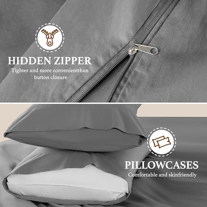 DEITAS 100% Cotton Queen Duvet Covers 3 Piece,1200 Thread Count，Grey | Luxury Egyptian Cotton Comforter Cover With Zipper Closure, Ultra Cooling Breathable, Hotel Bedding Duvet Covers
