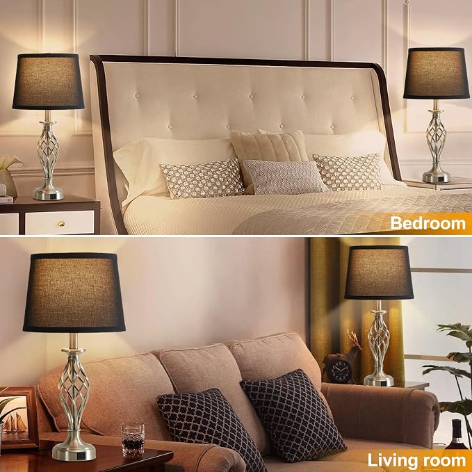 Table Lamp for Bedroom Set of 2 with USB C+A Ports,Modern Night Stand Lamps | Silver Bedside Lamps with Spiral Cage Base,Black Fabric Shade,Lamp for Living Room Reading Bed Side End Table,Bulbs Included